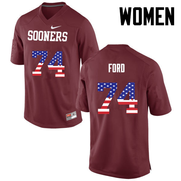Women Oklahoma Sooners #74 Cody Ford College Football USA Flag Fashion Jerseys-Crimson